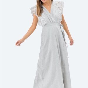 Elegant Striped Maxi Dress with Lace Sleeves
